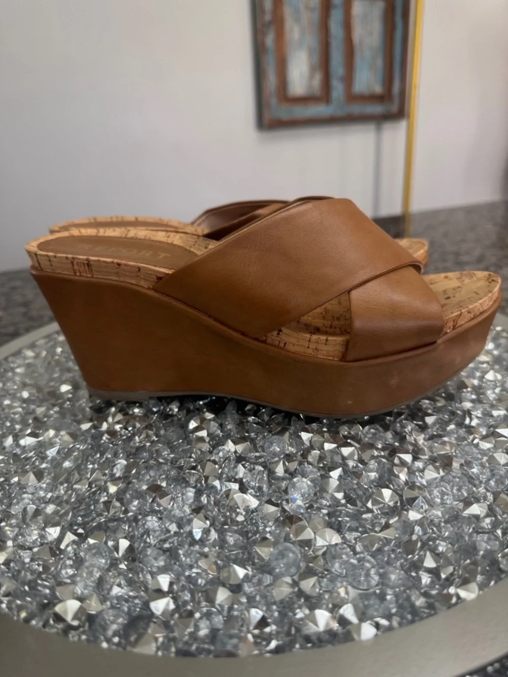 Report Basil deep camel Tan Crisscross Cork Wedge Slides EUC 8